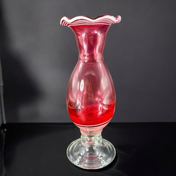 Art Glass Vase Cranberry With White Lines Footed Clear Bottom Glass Ruffled Top - Picture 1 of 12